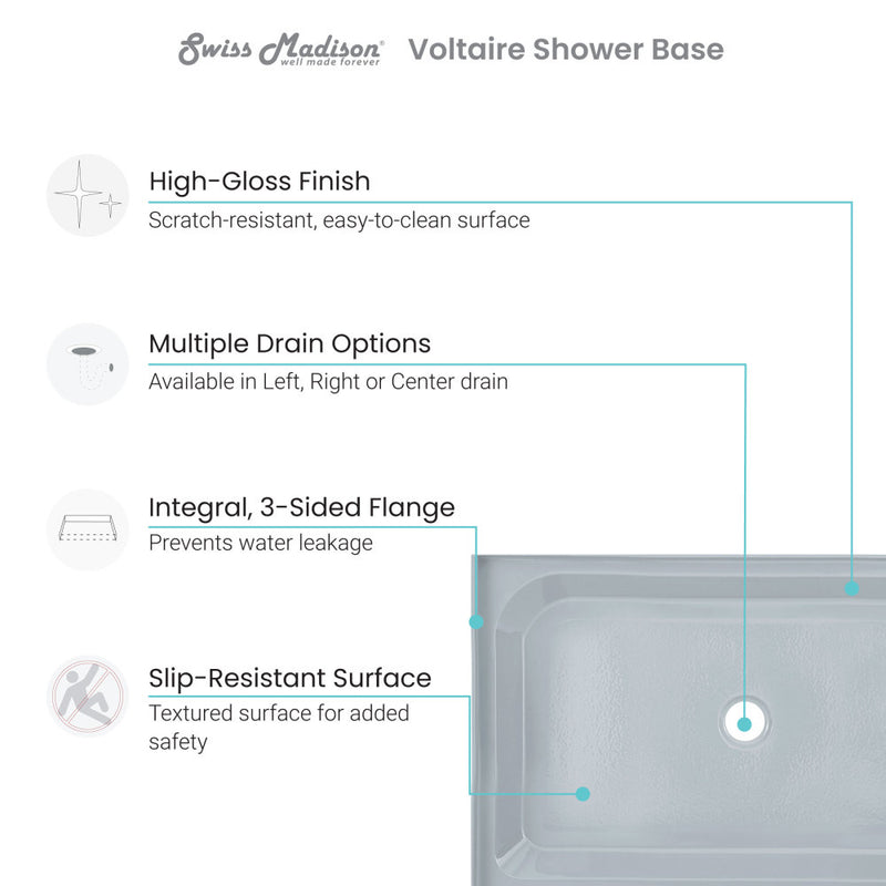 Voltaire 48" x 32" Single-Threshold, Center Drain, Shower Base in Grey