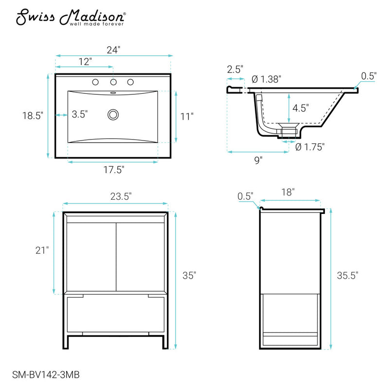 Marseille 24 in. Gray Oak Bathroom Vanity With Black, 3-Hole Ceramic Sink Top