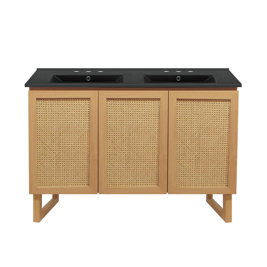 Arles 48 in. Natural Oak, Double Basin Bathroom Vanity With Black, 3-Hole Centerset Ceramic Sink Top