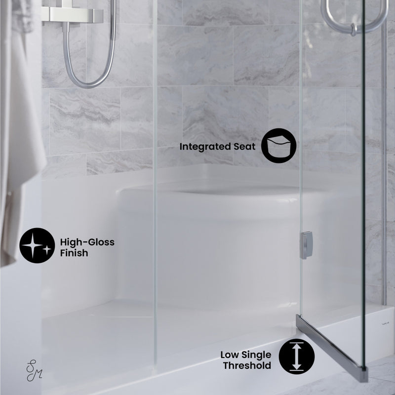 Aquatique 60" x 32" Single Threshold Shower Base With Left Hand Drain and Integral Right Hand Seat in White