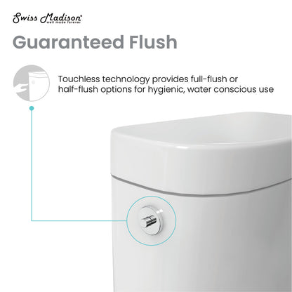 Elongated one-piece toilet with dual-flush and touchless flush technology, white ceramic.