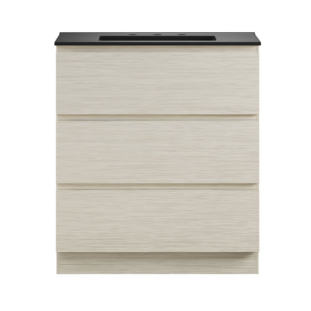 Liberte 30" Freestanding Bathroom Vanity in White Oak with Black 3-Hole Widespread Sink Top