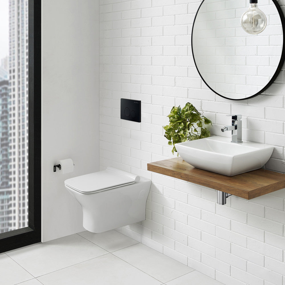 Carre Wall-Hung Toilet Bundle 0.8/1.6 GPF Dual Flush in Glossy White with Black Flush Plate
