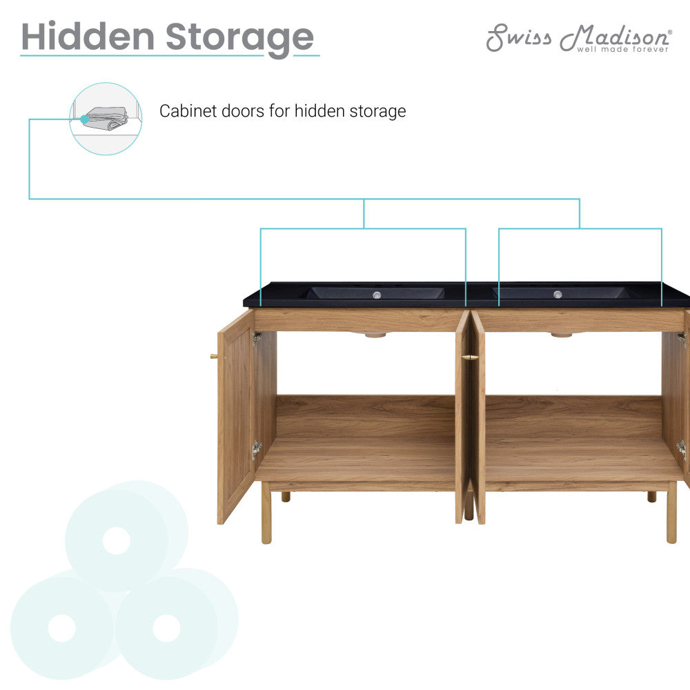 Classe 60" Freestanding Bathroom Vanity in Golden Oak with Black 3-Hole Widespread Double Basin Sink Top