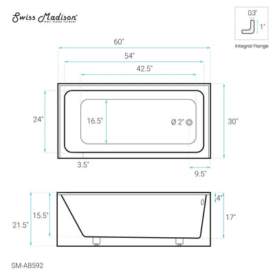 Voltaire 60" x 30" Right-Hand Drain Alcove Bathtub with Apron