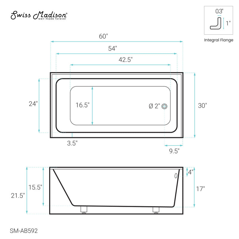 Voltaire 60" x 30" Right-Hand Drain Alcove Bathtub with Apron