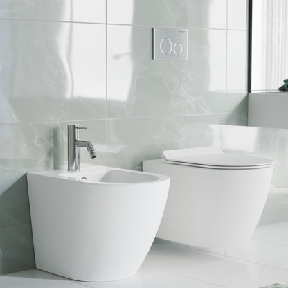 Single-handle bidet faucet in chrome with modern lever handle and sleek cylindrical design.