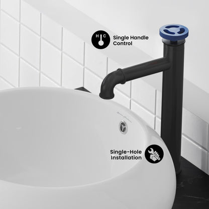 Avallon Single Hole, Single-Handle Wheel, High Arc Bathroom Faucet in Matte Black with Blue Handles