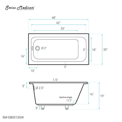 Voltaire 48" x 30" Reversible Drain Drop-In Bathtub