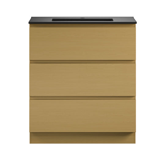 Liberte 30" Freestanding Bathroom Vanity in Natural Oak with Black Sink Top