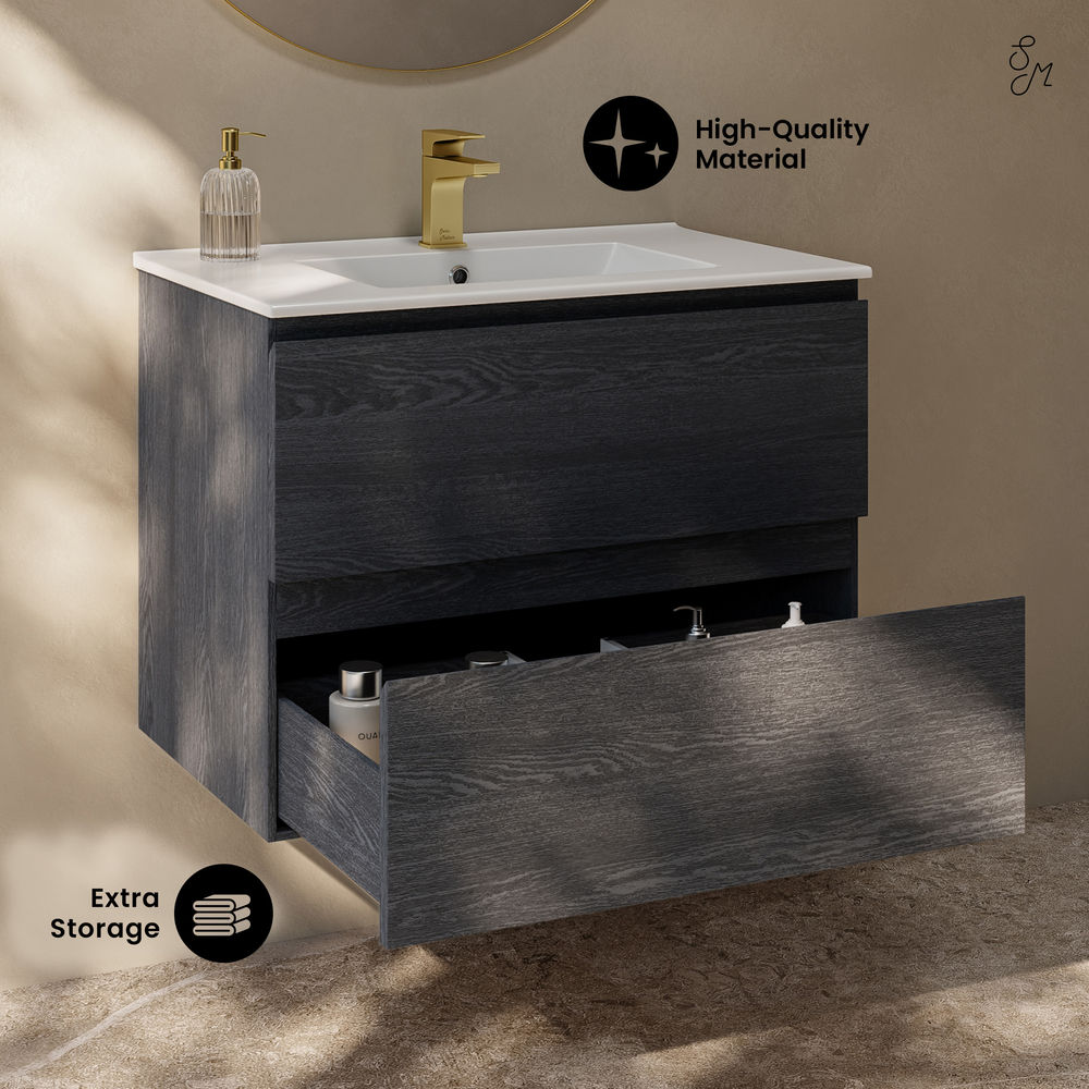 Liberte 30" Wall-Mounted Bathroom Vanity in Black Oak with Sink Top