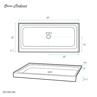 Voltaire 60" x 30" Single-Threshold, Center Drain, Shower Base in Grey