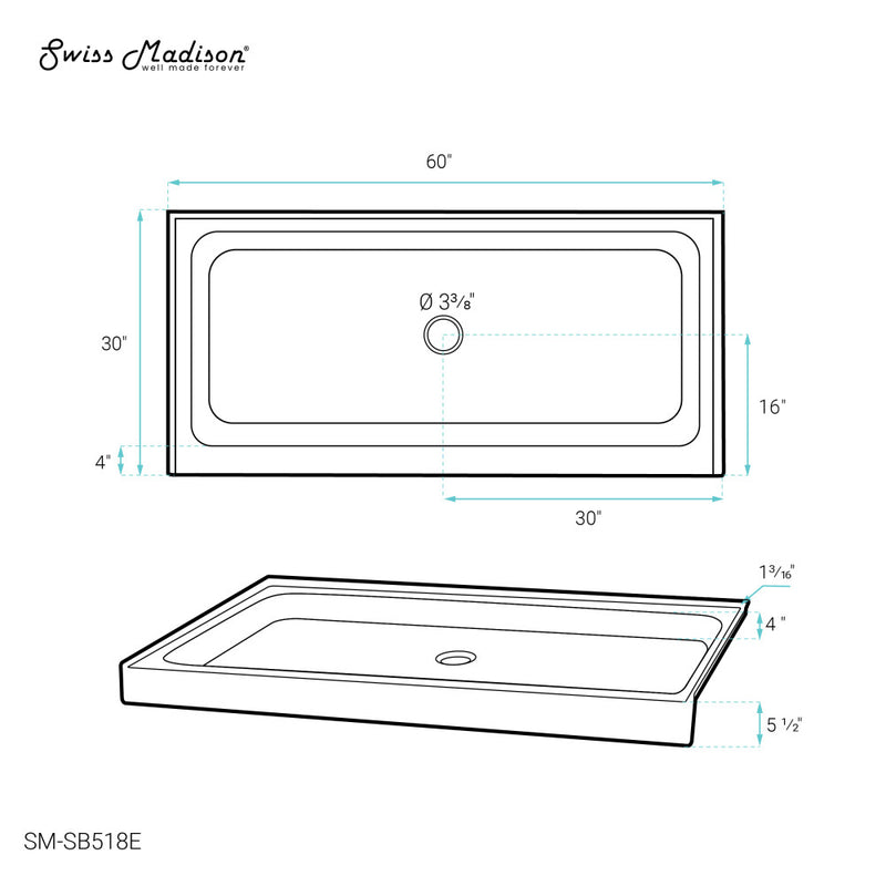 Voltaire 60" x 30" Single-Threshold, Center Drain, Shower Base in Grey