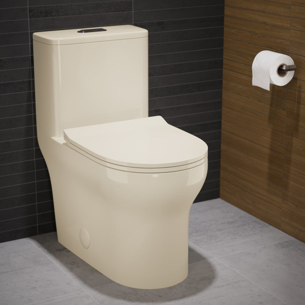 Elongated one-piece toilet in bisque with dual flush, sleek modern design.
