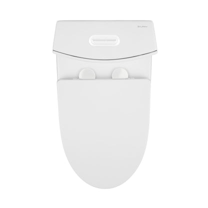 Elongated one-piece toilet in white, comfort height, dual-flush with smooth contemporary design.