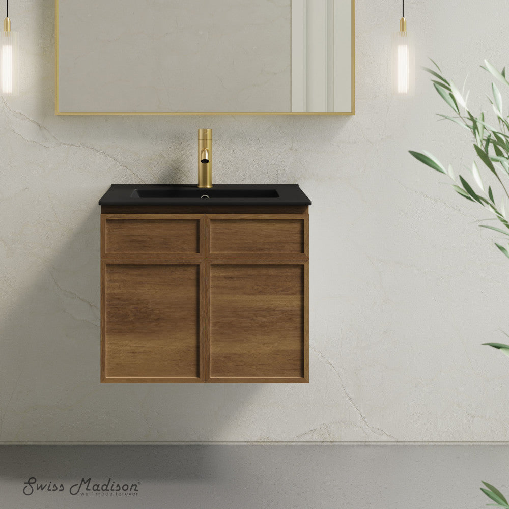 St. Tropez 24" Wall-Mounted Bathroom Vanity in Brown Oak with Black Sink Top