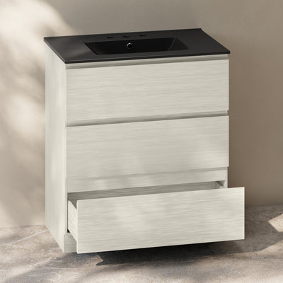 Liberte 30" Freestanding Bathroom Vanity in White Oak with Black 3-Hole Widespread Sink Top