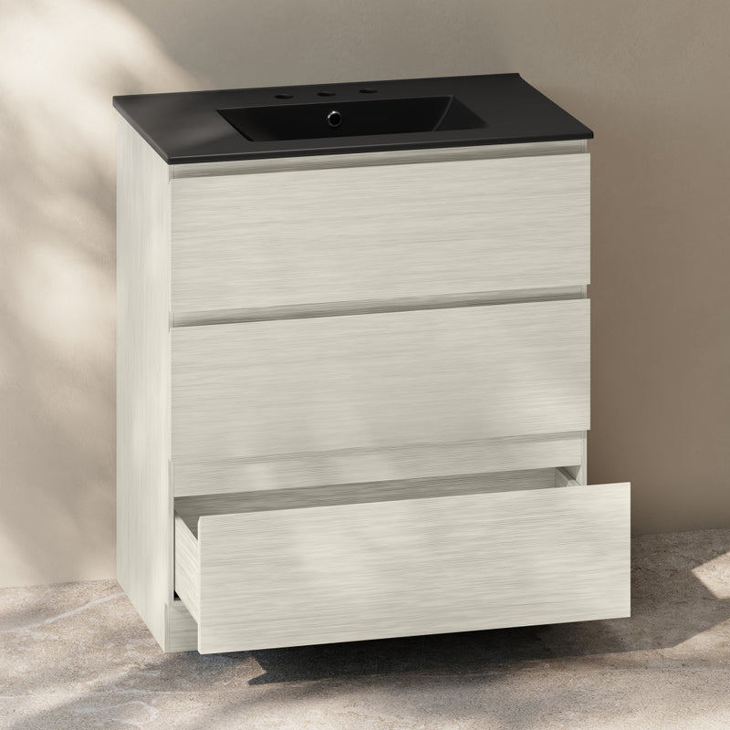 Liberte 30" Freestanding Bathroom Vanity in White Oak with Black 3-Hole Widespread Sink Top