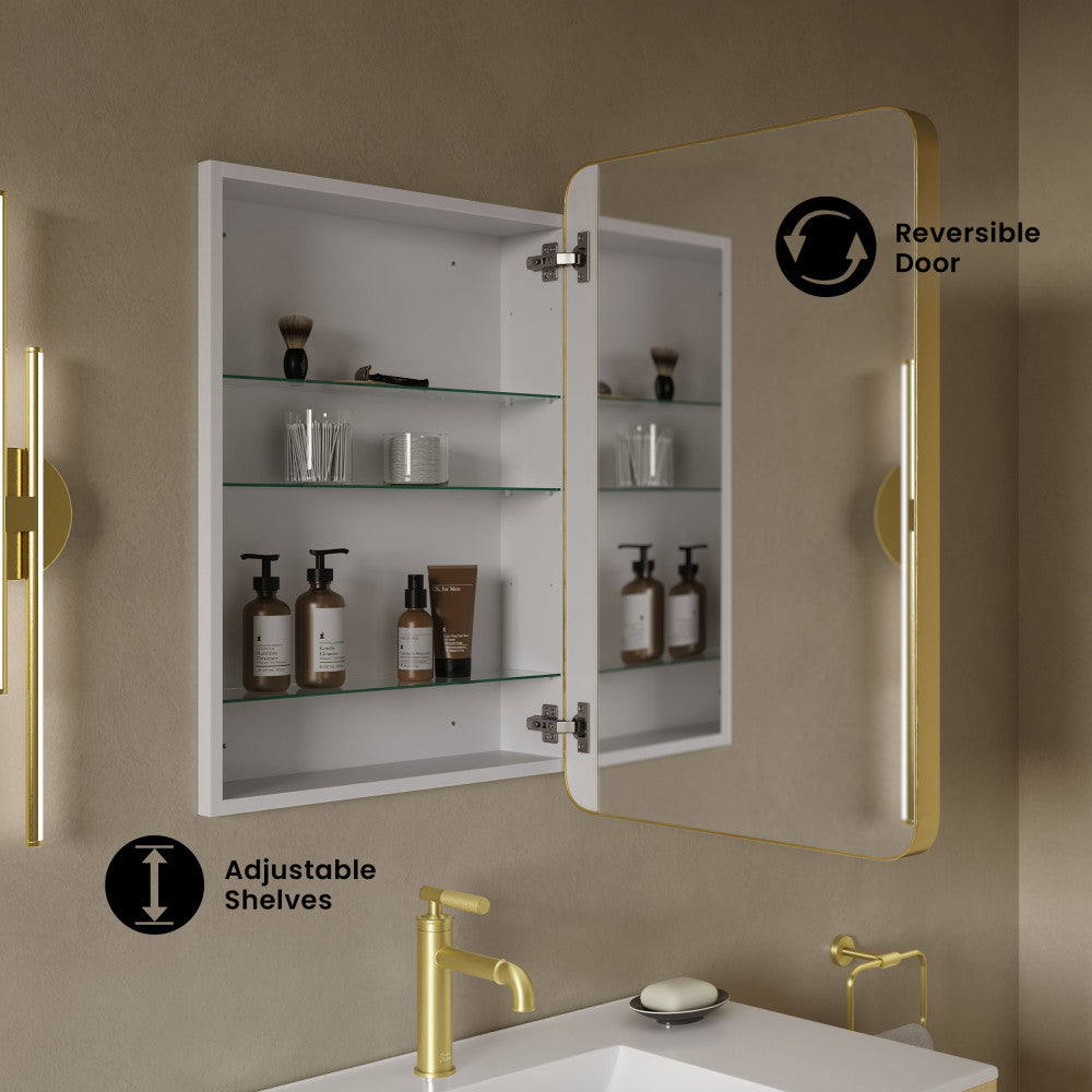 Pierre 20 x 30 Rectangle Recessed/Wall Mount Medicine Cabinet with Mirror in Brushed Gold