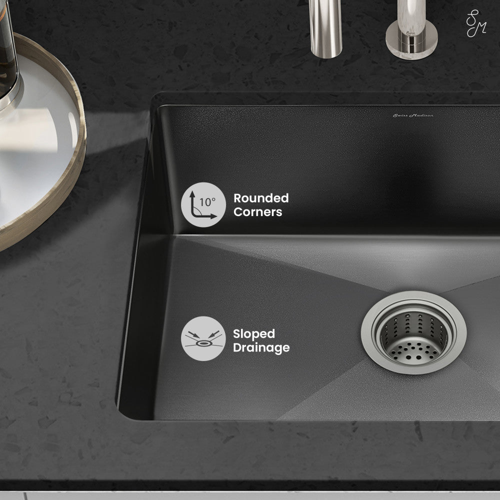 23x18 black stainless steel undermount kitchen sink, single basin, rounded corners, sloped drainage.