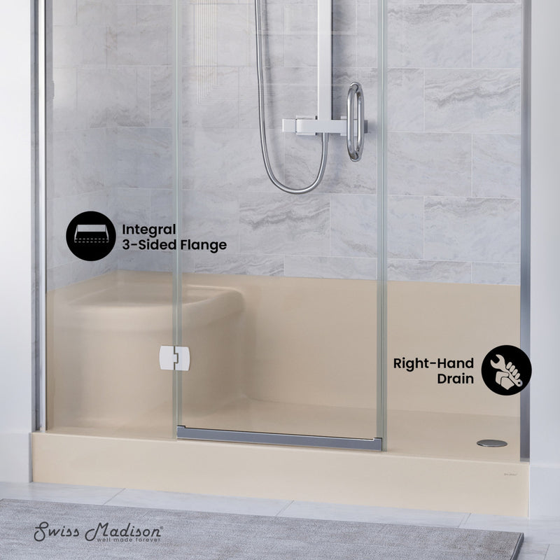 Aquatique 60" x 32" Single Threshold Shower Base With Right Hand Drain and Integral Left Hand Seat in Biscuit