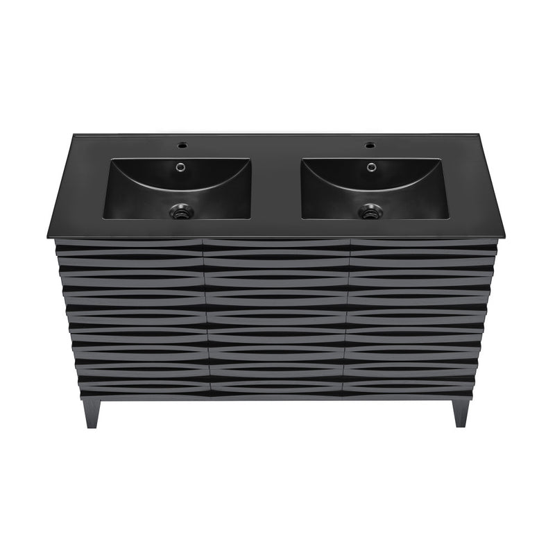 Cascade 48 in. Black Oak, Double Basin Bathroom Vanity With Black Ceramic Sink Top
