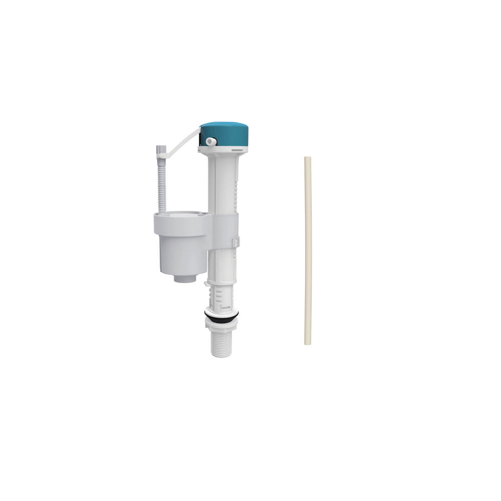 Elongated toilet fill valve in white plastic with adjustable refill tube and float mechanism.