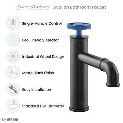 Avallon Single Hole, Single-Handle Wheel, Bathroom Faucet in Matte Black with Blue Handle