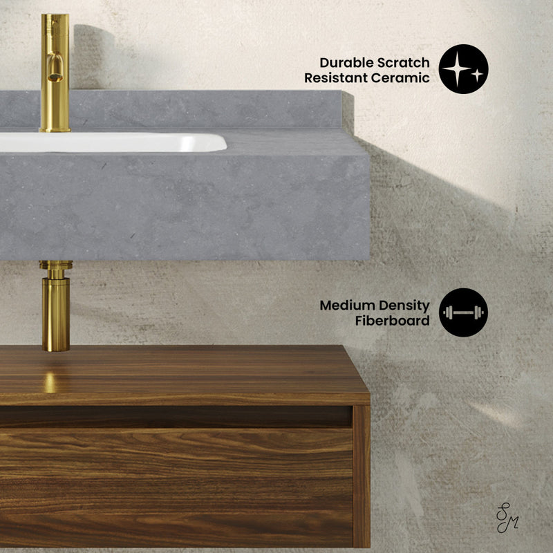 Avancer 36" Wall-Mounted Bathroom Vanity in Brown Oak with Charcoal Gray Sink Top