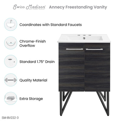 Annecy 24 in. Black Walnut Bathroom Vanity With White, 3-Hole Ceramic Sink Top