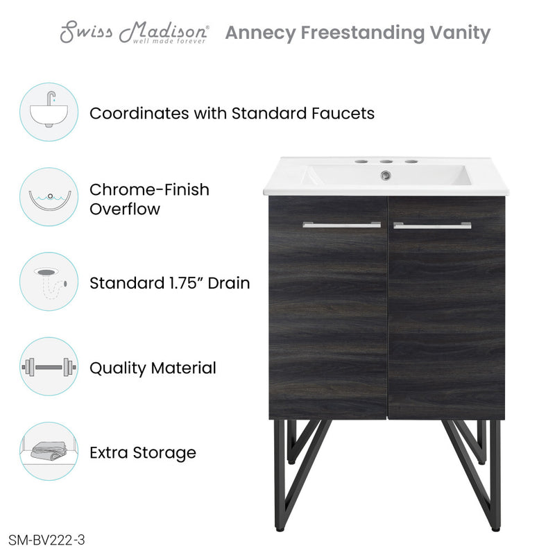 Annecy 24 in. Black Walnut Bathroom Vanity With White, 3-Hole Ceramic Sink Top