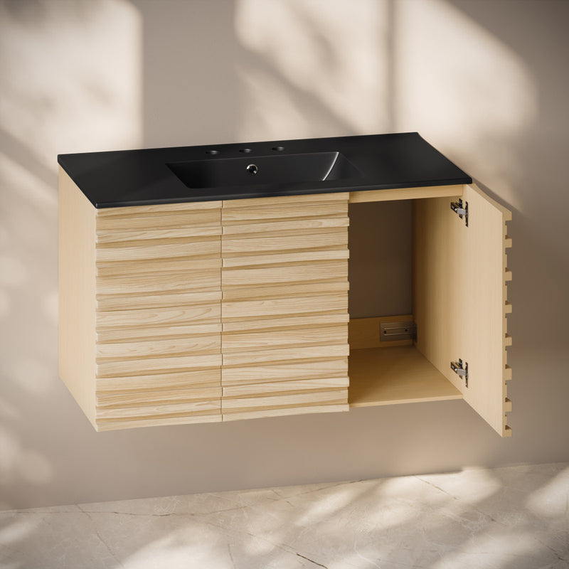 Cascade 36" Wall-Mounted Bathroom Vanity in Natural Oak with Black 3-Hole Widespread Sink Top