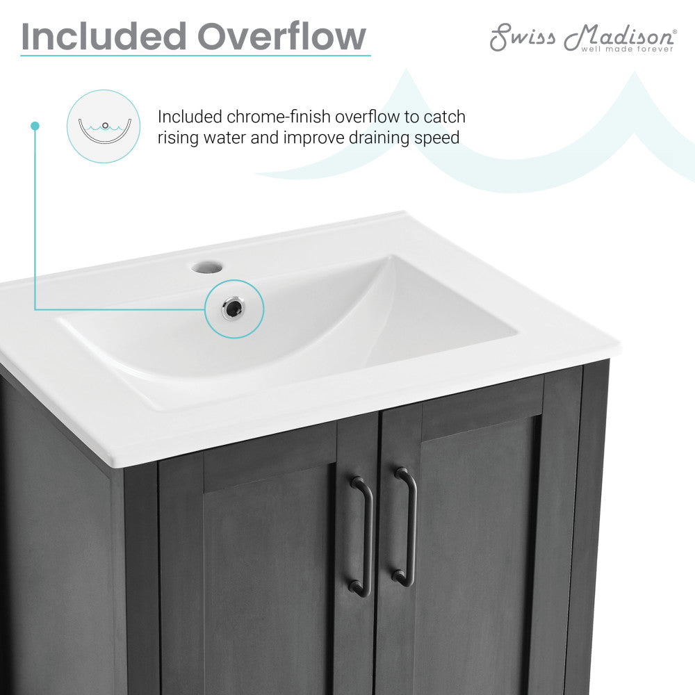24-inch freestanding bathroom vanity in black with single sink and chrome overflow drain.