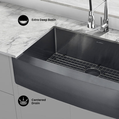 Rivage 33 x 21 Stainless Steel, Single Basin, Farmhouse Kitchen Sink with Apron in Black