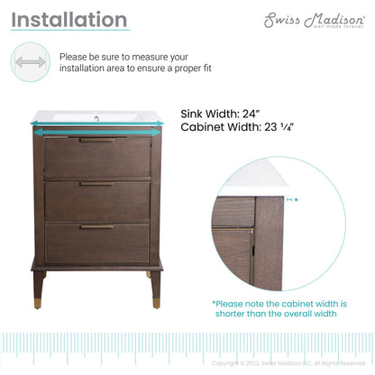 24-inch freestanding bathroom vanity in brown oak with single sink and soft-close doors.