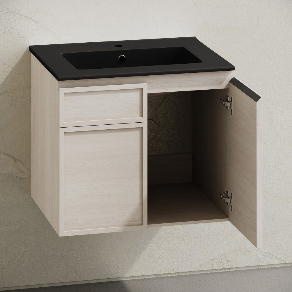St. Tropez 24" Wall-Mounted Bathroom Vanity in White Oak with Black Sink Top