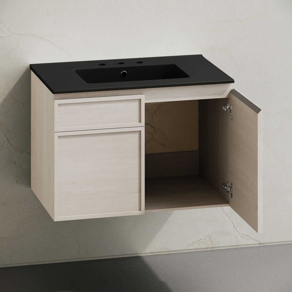 St. Tropez 30" Wall-Mounted Bathroom Vanity in White Oak with Black 3-Hole Widespread Sink Top