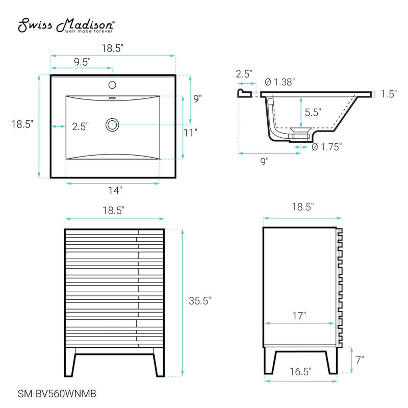 Cascade 18 in. Brown Oak Bathroom Vanity With Black Ceramic Sink Top