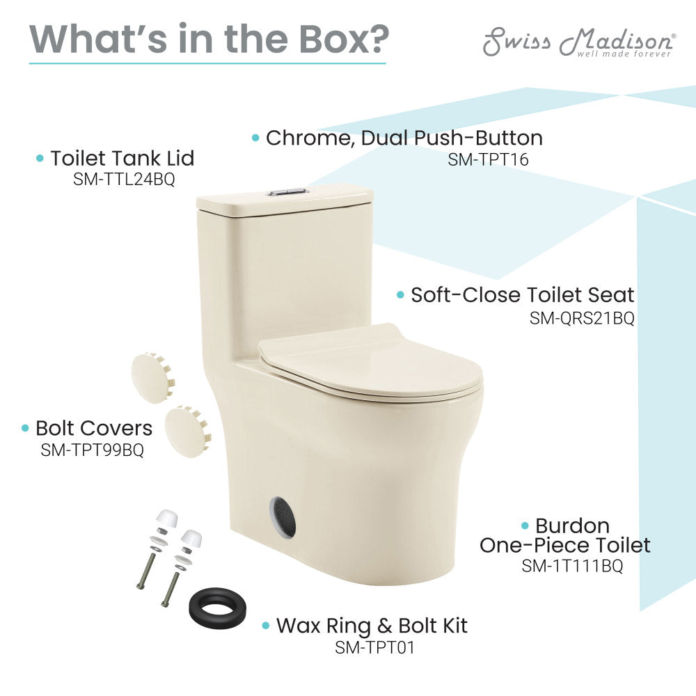 Elongated one-piece toilet in bisque with dual flush, soft-close seat, and skirted trapway design.