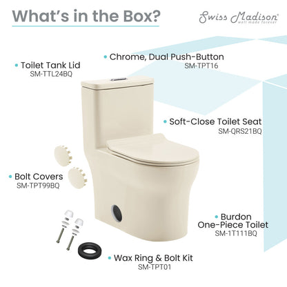 Elongated one-piece toilet in bisque with dual flush, soft-close seat, and skirted trapway design.