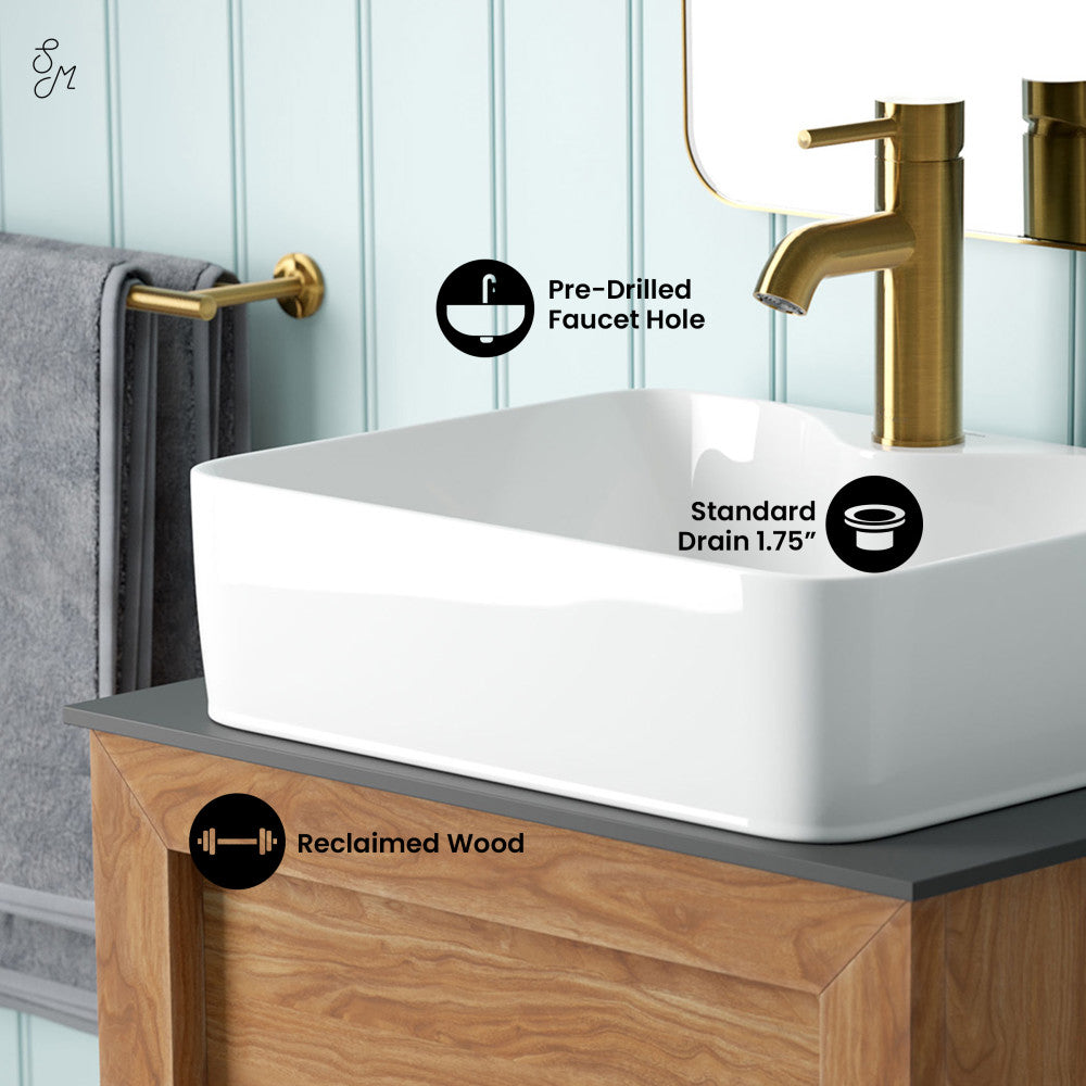 24-inch freestanding bathroom vanity in natural teak with slate countertop and single hole vessel sink.