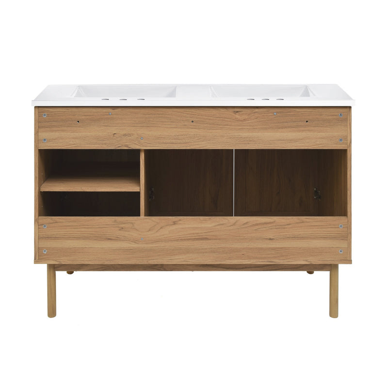 Classe 48 in. Brown Oak, Double Basin Bathroom Vanity With White, 3-Hole Ceramic Sink Top