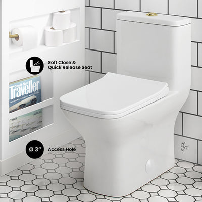 Carre One Piece Square Toilet Dual Flush, Brushed Gold Hardware 1.1/1.6 gpf