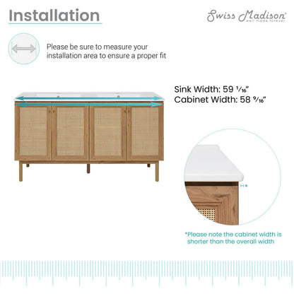 60-inch freestanding golden oak bathroom vanity with double basin sink top and four cabinet doors.