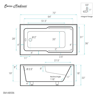 Voltaire 72" x 36" Left-Hand Drain Alcove Bathtub with Apron and Armrest