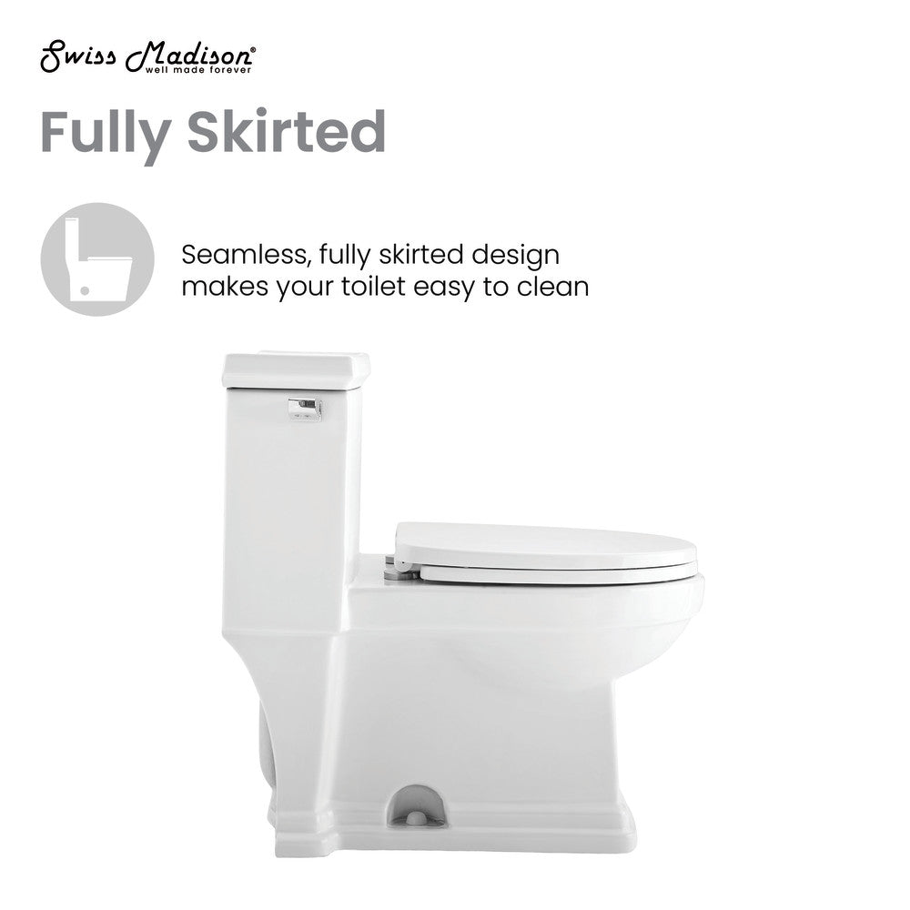 Elongated one-piece toilet, fully skirted trapway, side flush lever, white ceramic finish.