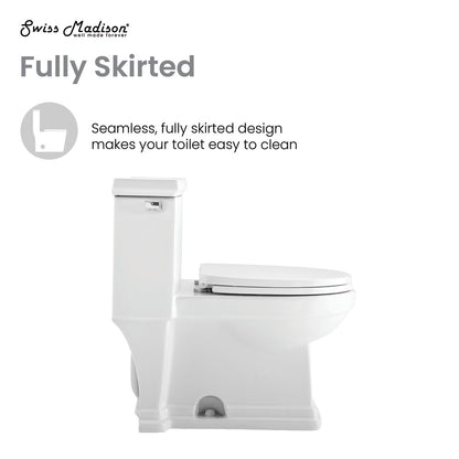 Elongated one-piece toilet, fully skirted trapway, side flush lever, white ceramic finish.