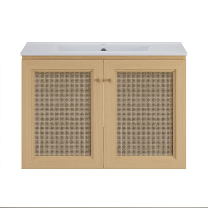 Classe 30" Wall-Mounted Bathroom Vanity in Natural Oak with Single Faucet Hole Vanity Top