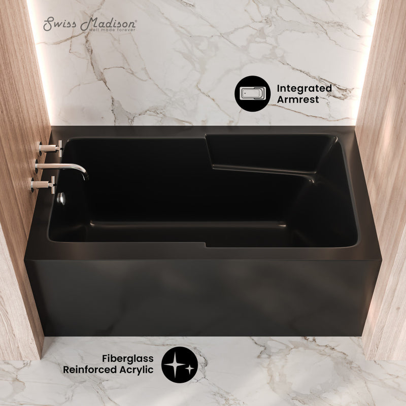 Voltaire 54 x 30 Skirted Left Drain Soaking Alcove Bathtub in Glossy Black with Integrated Armrest