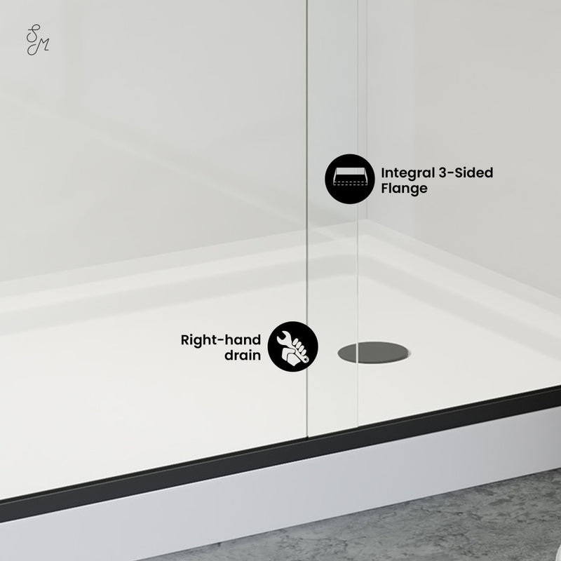 Carre 48" x 36" Acrylic White, Single-Threshold, Right Drain, Shower Base